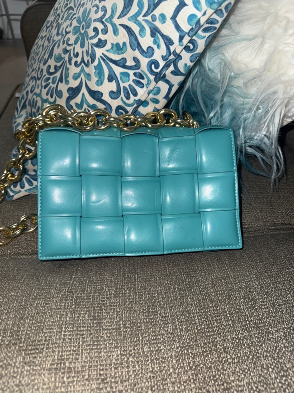 Woven Quilted Crossbody Bag in Turquoise with Gold Chain